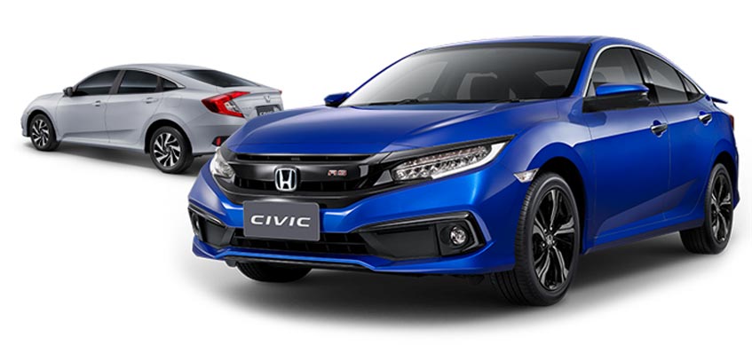 Honda Civic 1.8 E (สีเงินลูนาร์) และ Honda Civic 1.5 TURBO RS (น้ำเงินบริลเลียนท์ สปอร์ตตี้)