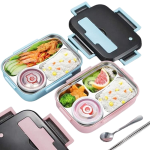 กล่องข้าวสเตนเลส 4 ช่อง พร้อมถ้วยน้ำซุปและช้อนส้อม
