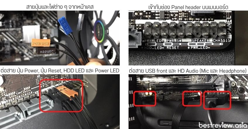 การเชื่อมต่อสายจากพอร์ตต่าง ๆ หน้าเคส (Front Panel)