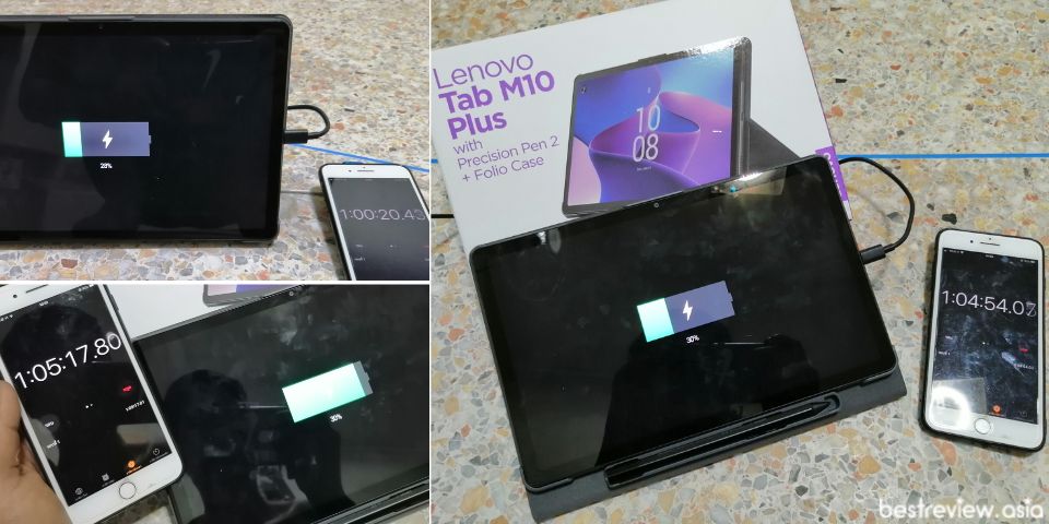 ทดลองชาร์จแบตเตอรี่ Lenovo Tab M10 Plus Gen 3 จาก 0% ด้วยอแดปเตอร์ และสายชาร์จในกล่อง ภายใน 1 ชั่วโมง ชาร์จได้ 30%