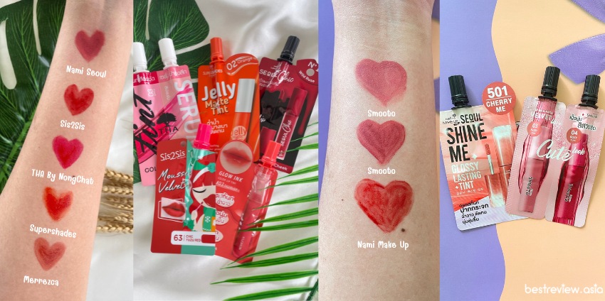 เปรียบเทียบเนื้อลิปสติกแบบซองจาก 7-Eleven ทั้ง 5 แบรนด์ Nami, Sis2Sis, THA By NongChat, Supershades, Merrezca
