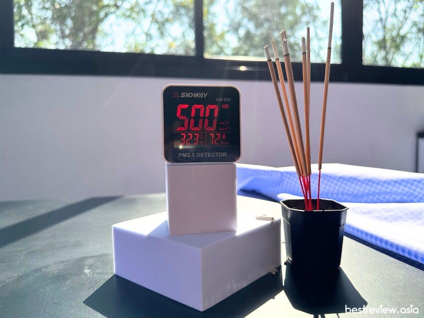 ทดสอบวัดปริมาณฝุ่น PM2.5 ด้วยเครื่อง SNDWAY รุ่น SW-825 ในห้องที่มีควันธูป
