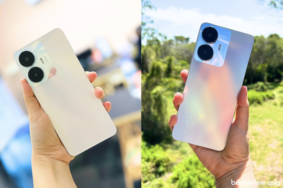 ดีไซน์การออกแบบของ realme C55 ขณะที่โดนแสงตกกระทบ จะมีความแวววาวเล่นแสงที่สวยงาม