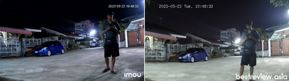 ทดสอบเปรียบดูความละเอียดของภาพในเวลากลางคืน ระหว่าง IMOU Bullet 2E 4MP (ซ้าย) กับ TP-Link VIGI C540-W (ขวา)