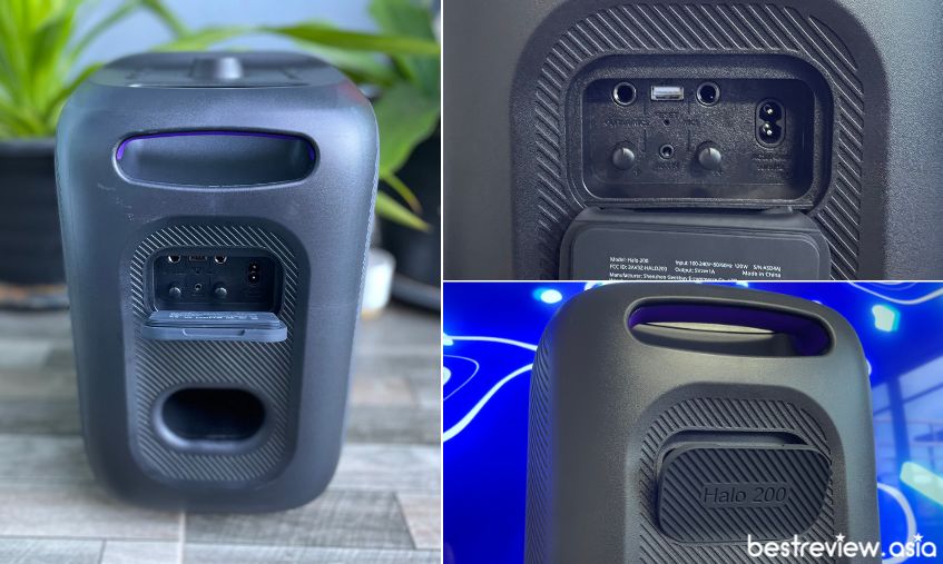 Tronsmart Halo 200 มาพร้อมพอร์ตเชื่อมต่อ 3 ช่อง ได้แก่ Aux 3.5mm (สำหรับไมค์ และกีต้าร์), Aux 3.5mm (สำหรับไมค์) และ USB-A (สำหรับ Flash Drive)