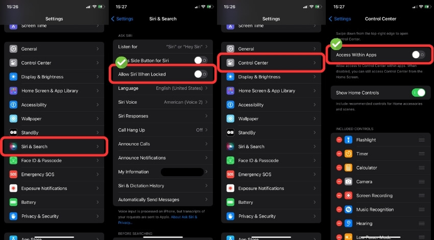 ปิดการเข้าถึง Siri และศูนย์ควบคุมเมื่อล็อกหน้าจอ