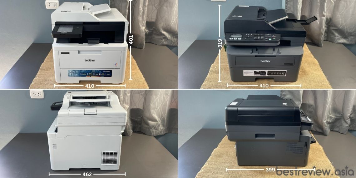 มิติตัวเครื่องของ Brother MFC-L2805DW และ Brother DCP-L3560CDW
